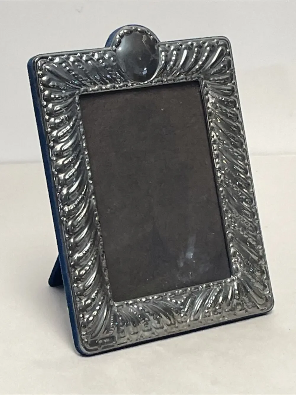 Signed Designer JR 925 Sterling Silver Picture Frame 5 x 6.5 in Blue Velvet
